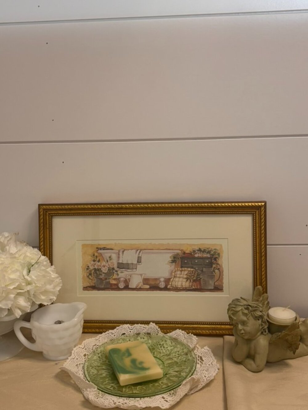 VTG 90s Bathroom Watercolor Print Matted and Framed Gold Frame